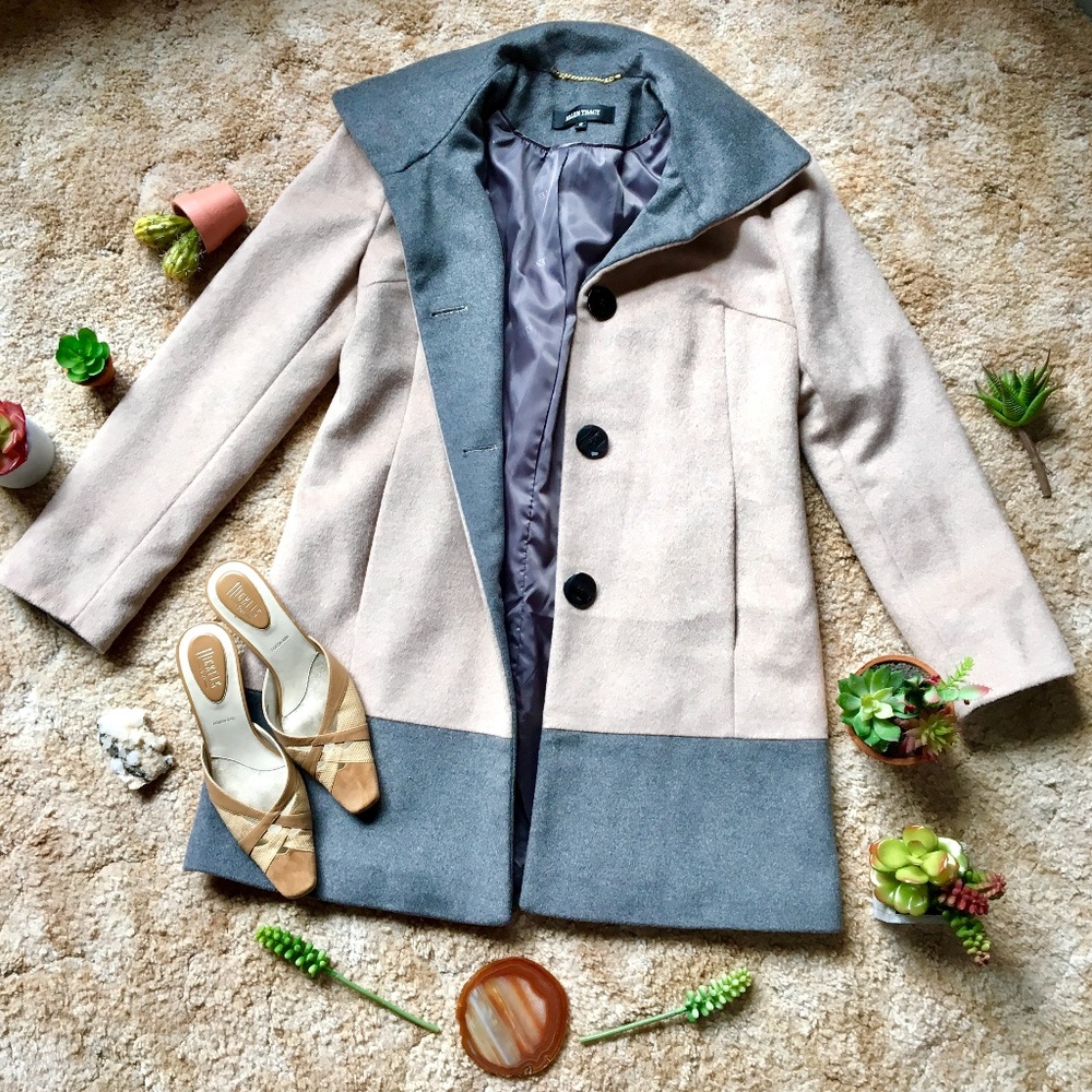 {Ellen Tracy} Wool Angora Blend Grey & Tan Coat 12